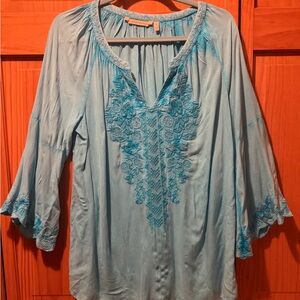 Embroidered Boho Peasant Top in Light Blue